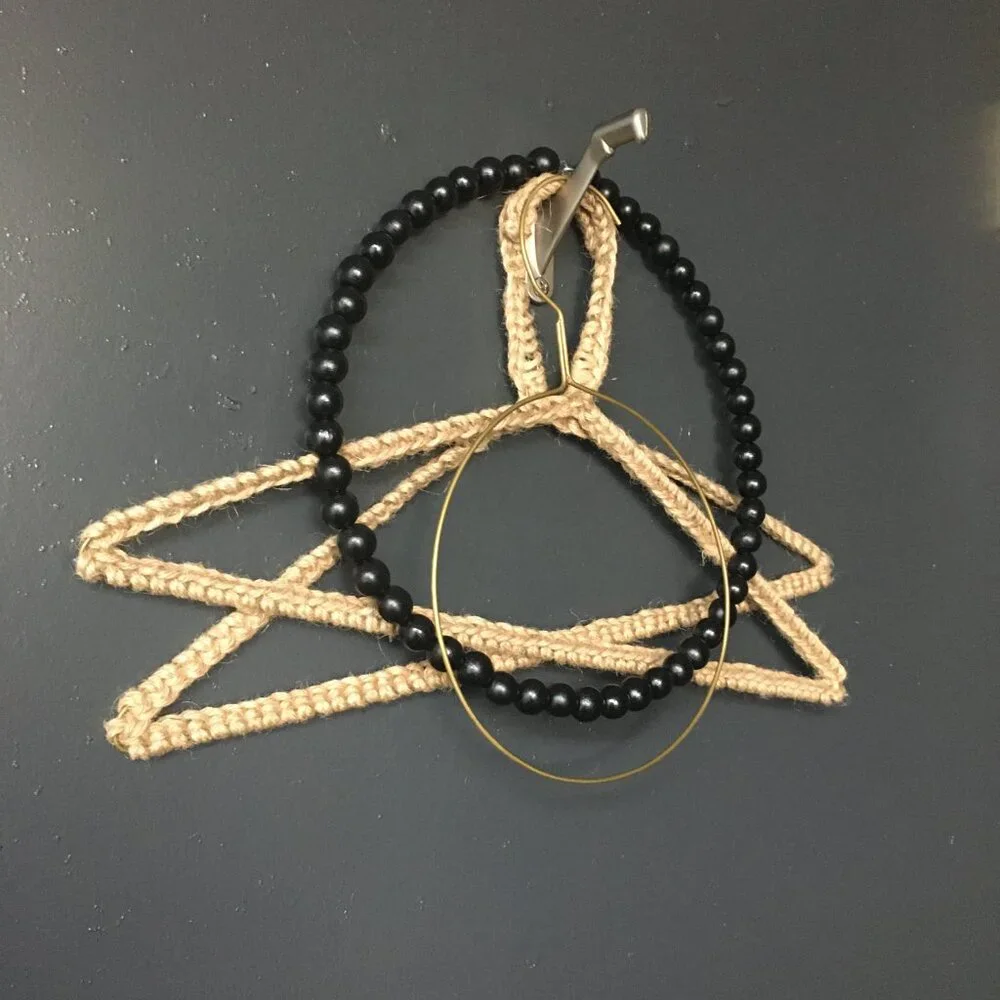Lot of Four Crocheted Jute Metal Brass Black Wood Beaded Scarf Clothes Hangers